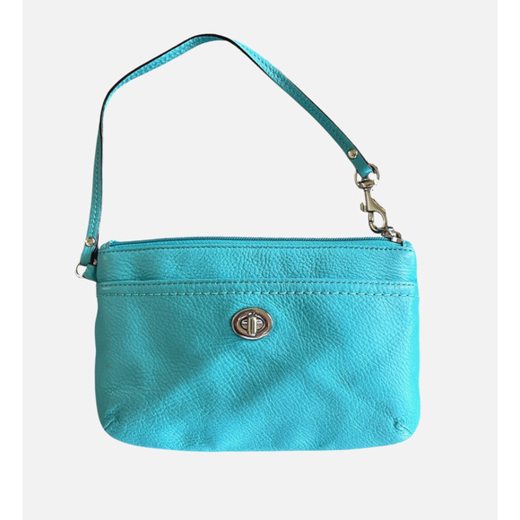 COACH Women's Small Teal Pebble Leather Silver Turnlock Top Zip Wristlet Classic - Picture 1 of 12